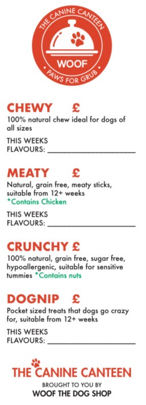 The Canine Canteen Menu Cards