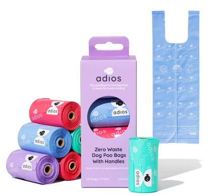 Adios Plastic Rainbow Compostable Dog Poop Bags with Handles, 120 bags (8 Rolls)
