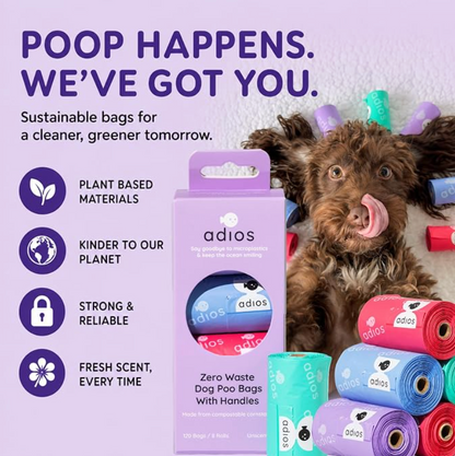 Adios Plastic Rainbow Compostable Dog Poop Bags with Handles, 120 bags (8 Rolls)